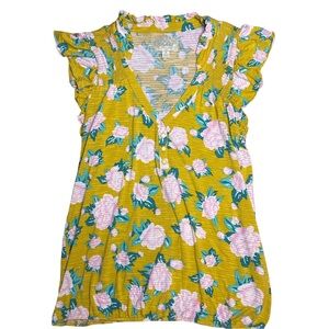 Anthropologie Deletta Mustard Yellow Boho Floral Top with Ruffle Sleeves